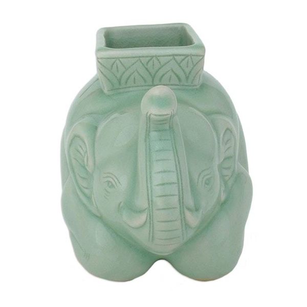 Alternate image for Handcrafted Celadon Ceramic Pencil Stand Kneeling Elephant