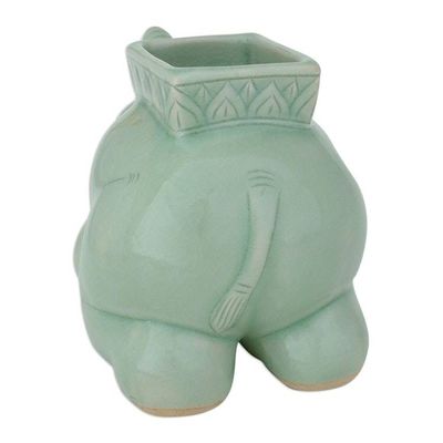 Alternate image for Handcrafted Celadon Ceramic Pencil Stand Kneeling Elephant