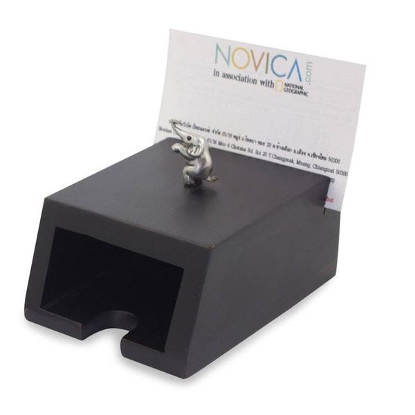 Alternate image for Wood and pewter business card holder Playful Elephant