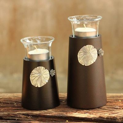 Alternate image for Wood and pewter candleholders Pair Lotus Light