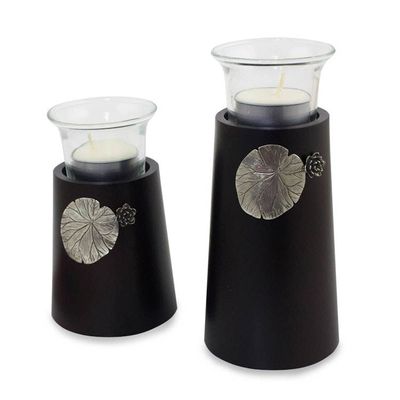 Alternate image for Wood and pewter candleholders Pair Lotus Light