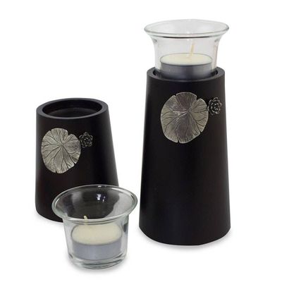 Alternate image for Wood and pewter candleholders Pair Lotus Light