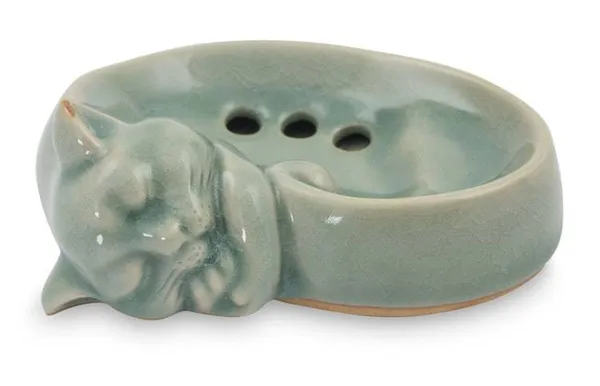 Alternate image for Celadon Ceramic Soap Dish Crafted by Hand in Thailand Light Blue Napping Kitty