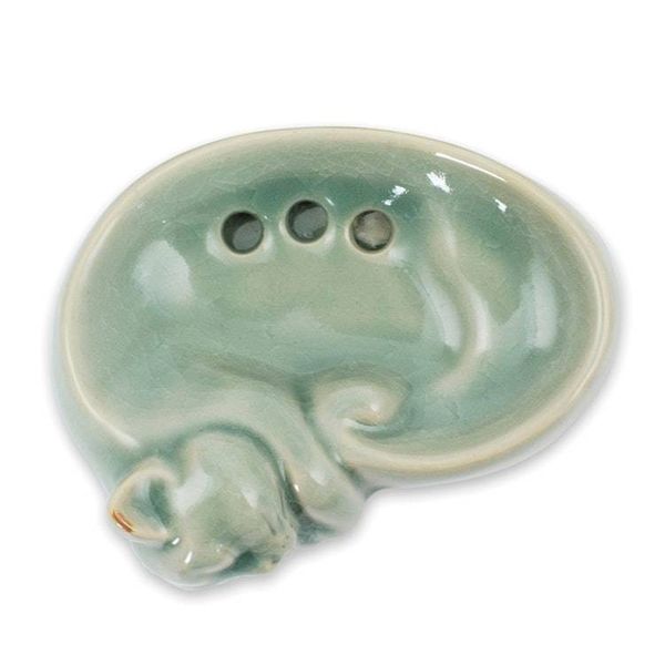 Alternate image for Celadon Ceramic Soap Dish Crafted by Hand in Thailand Light Blue Napping Kitty