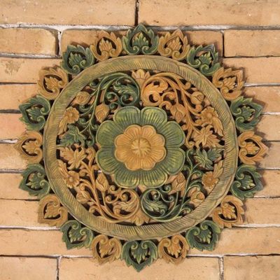 Alternate image for Handcrafted Teak Relief Panel Blossom Prayer