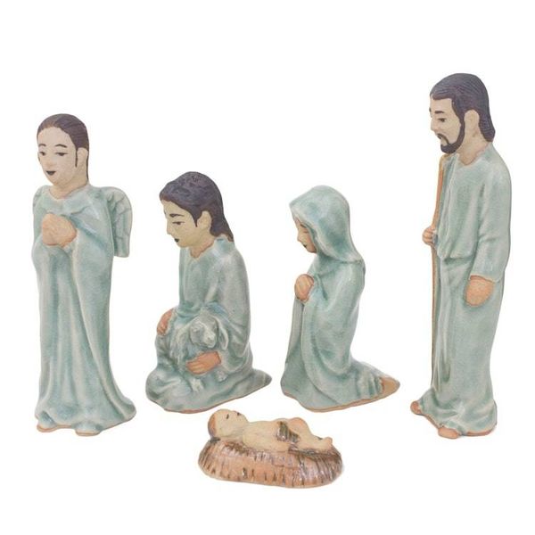 Alternate image for Hand Crafted Celadon Ceramic Nativity Statuettes set of 5 Blessed Nativity