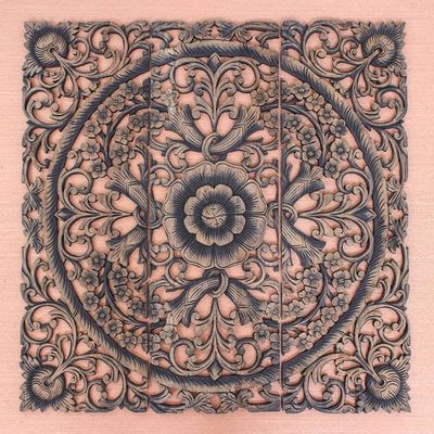 Alternate image for Hand-carved Reclaimed Teakwood Relief Triptych Wall Panel Lavish Blooms