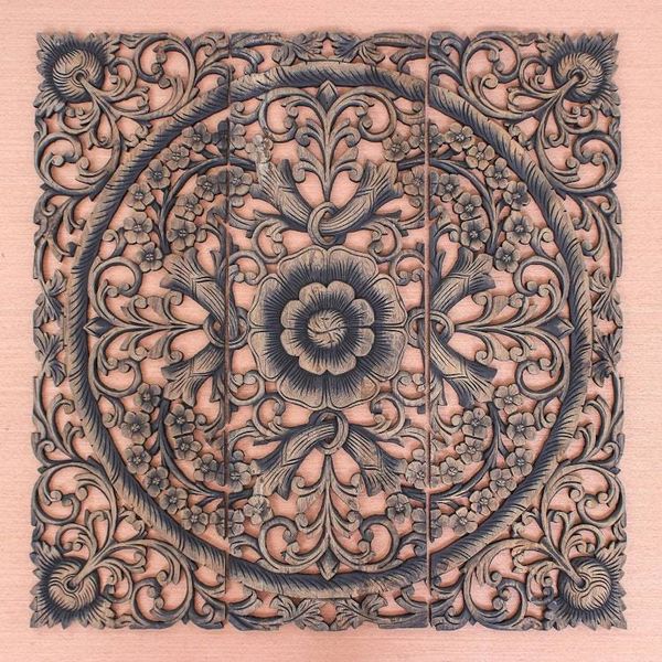 Alternate image for Hand-carved Reclaimed Teakwood Relief Triptych Wall Panel Lavish Blooms
