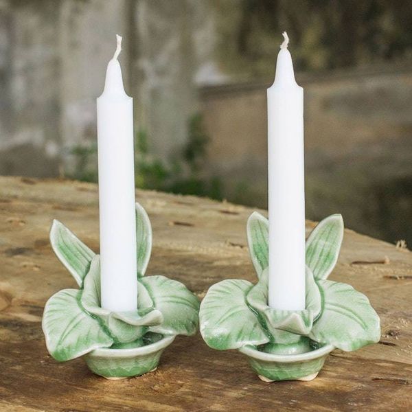 Alternate image for Green Celadon Ceramic Orchid Shaped Candle Holders Pair Thai Jade Orchids