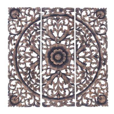 Alternate image for Hand-carved Reclaimed Teakwood Relief Triptych Wall Panel Lavish Blooms