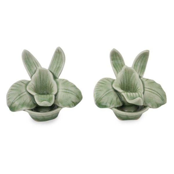 Alternate image for Green Celadon Ceramic Orchid Shaped Candle Holders Pair Thai Jade Orchids