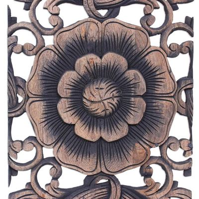 Alternate image for Hand-carved Reclaimed Teakwood Relief Triptych Wall Panel Lavish Blooms