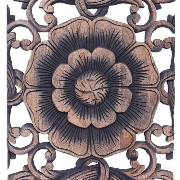 Alternate image for Hand-carved Reclaimed Teakwood Relief Triptych Wall Panel Lavish Blooms