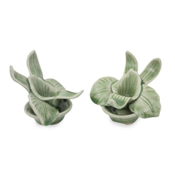 Alternate image for Green Celadon Ceramic Orchid Shaped Candle Holders Pair Thai Jade Orchids