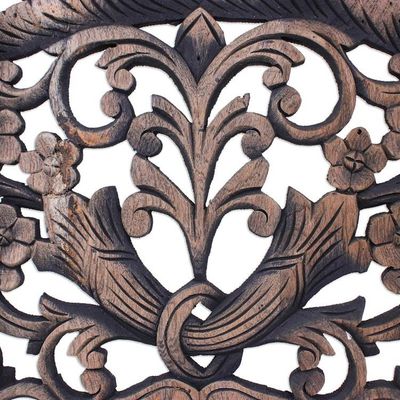 Alternate image for Hand-carved Reclaimed Teakwood Relief Triptych Wall Panel Lavish Blooms