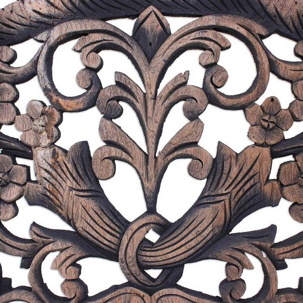 Alternate image for Hand-carved Reclaimed Teakwood Relief Triptych Wall Panel Lavish Blooms