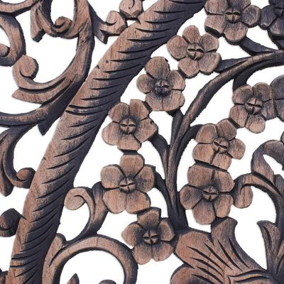 Alternate image for Hand-carved Reclaimed Teakwood Relief Triptych Wall Panel Lavish Blooms