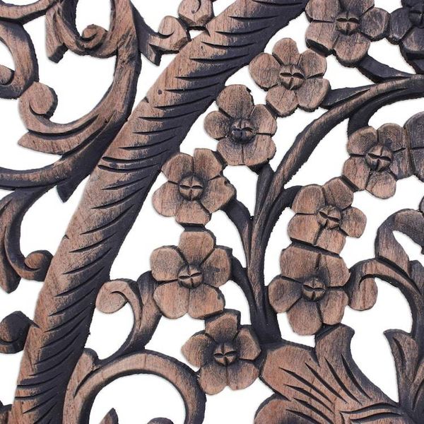 Alternate image for Hand-carved Reclaimed Teakwood Relief Triptych Wall Panel Lavish Blooms