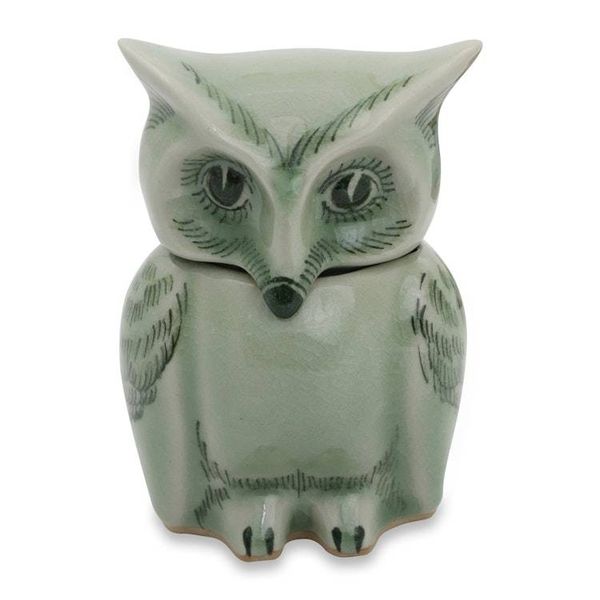 Alternate image for Fair Trade Green Celadon Ceramic Owl Jar with Lid Happy Green Owl
