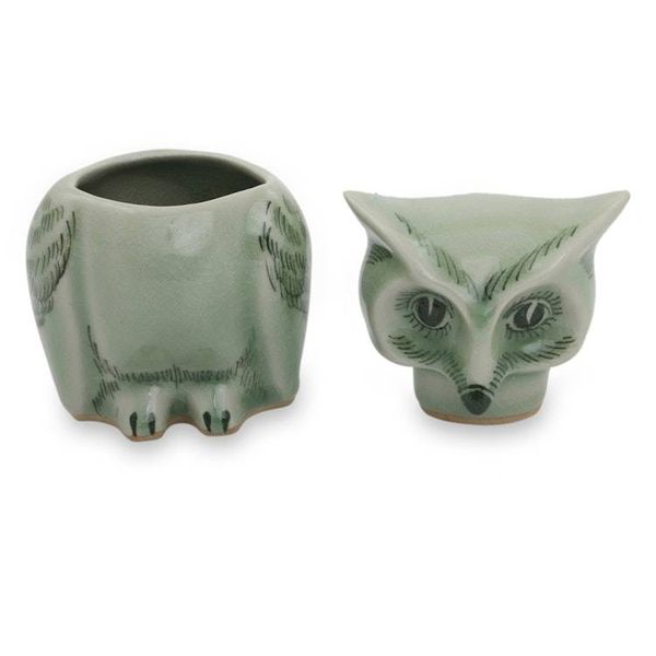 Alternate image for Fair Trade Green Celadon Ceramic Owl Jar with Lid Happy Green Owl
