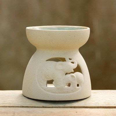 Alternate image for Ceramic Oil Warmer with Elephant Carving from Thailand Mother and Child Elephant