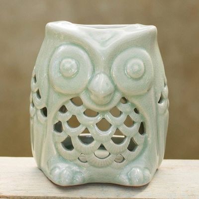 Alternate image for Artisan Crafted Ceramic Owl Oil Warmer from Thailand Cozy Owl in Green