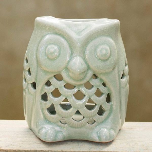 Alternate image for Artisan Crafted Ceramic Owl Oil Warmer from Thailand Cozy Owl in Green