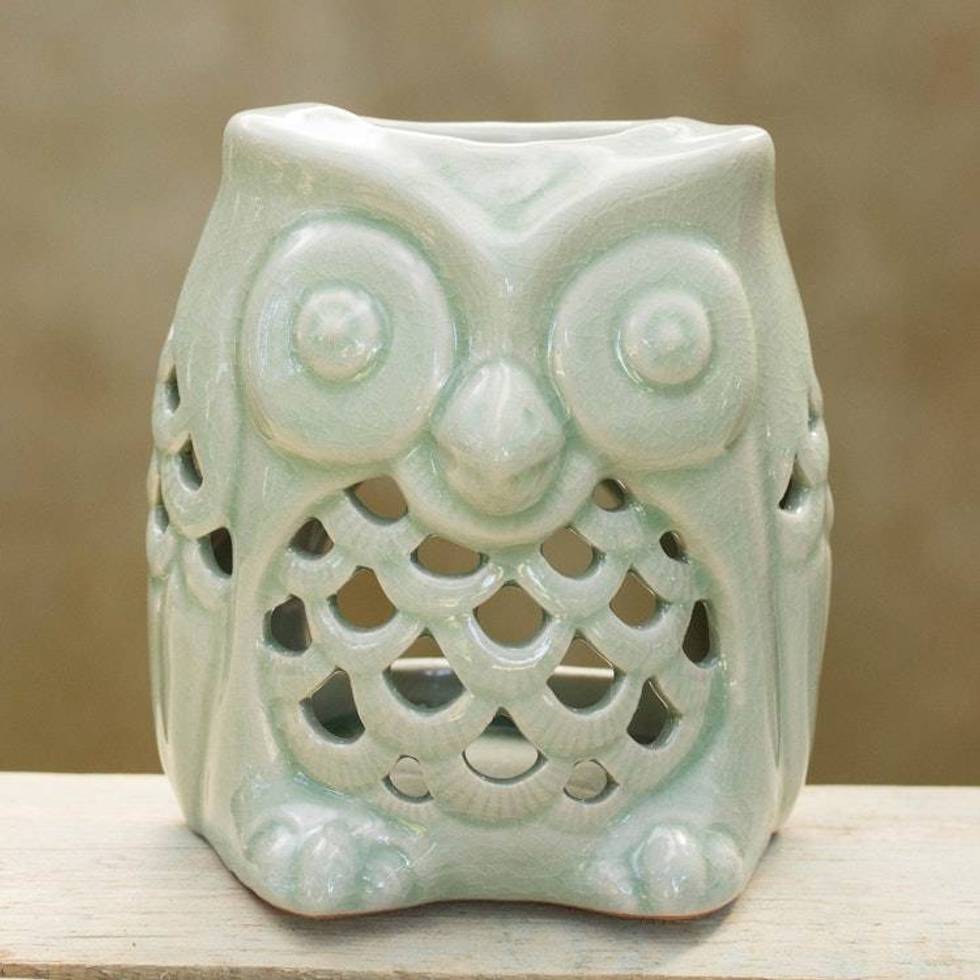 Artisan Crafted Ceramic Owl Oil Warmer from Thailand 'Cozy Owl in Green'