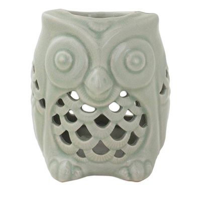 Alternate image for Artisan Crafted Ceramic Owl Oil Warmer from Thailand Cozy Owl in Green