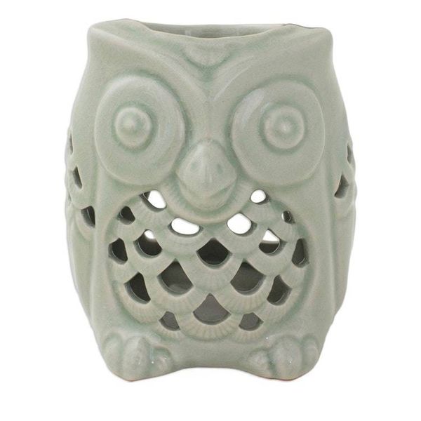 Alternate image for Artisan Crafted Ceramic Owl Oil Warmer from Thailand Cozy Owl in Green
