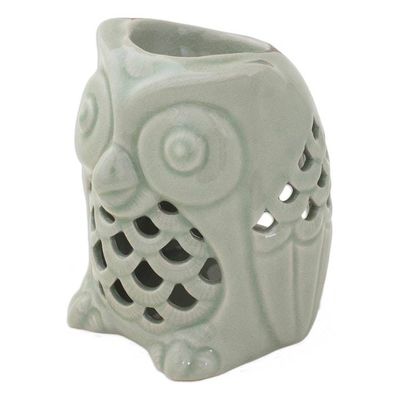 Alternate image for Artisan Crafted Ceramic Owl Oil Warmer from Thailand Cozy Owl in Green