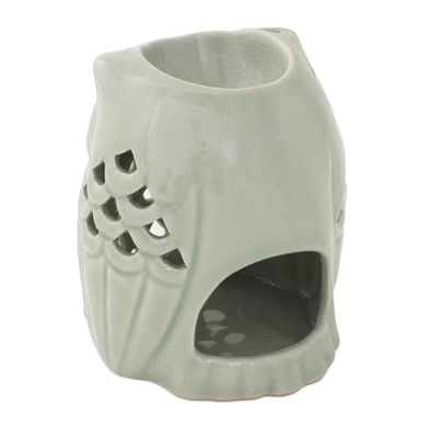 Alternate image for Artisan Crafted Ceramic Owl Oil Warmer from Thailand Cozy Owl in Green