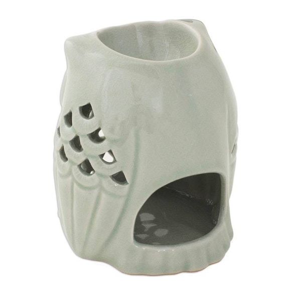 Alternate image for Artisan Crafted Ceramic Owl Oil Warmer from Thailand Cozy Owl in Green
