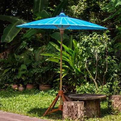 Alternate image for Handmade Blue Cotton and Bamboo Garden Umbrella Happy Garden in Turquoise