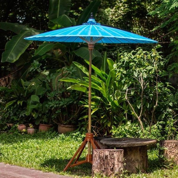 Alternate image for Handmade Blue Cotton and Bamboo Garden Umbrella Happy Garden in Turquoise