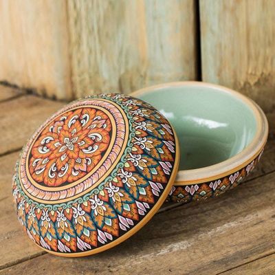 Alternate image for Fair Trade Thai Painted Celadon Ceramic Round Jewelry Box Thai Temptation