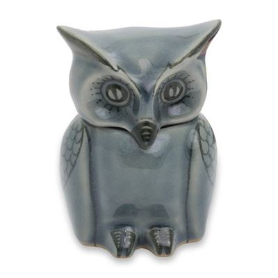 Alternate image for Artisan Crafted Small Blue Ceramic Owl Storage Jar Happy Blue Owl