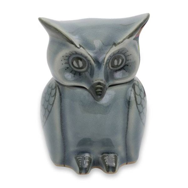 Alternate image for Artisan Crafted Small Blue Ceramic Owl Storage Jar Happy Blue Owl