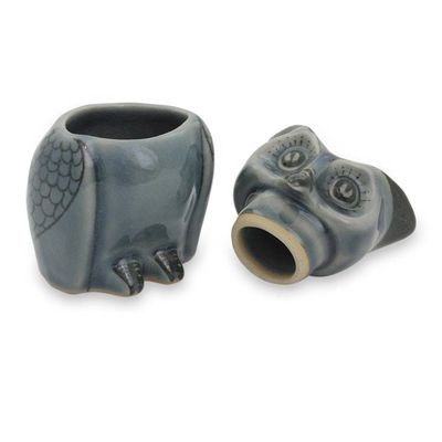 Alternate image for Artisan Crafted Small Blue Ceramic Owl Storage Jar Happy Blue Owl