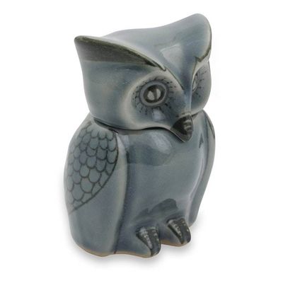 Alternate image for Artisan Crafted Small Blue Ceramic Owl Storage Jar Happy Blue Owl