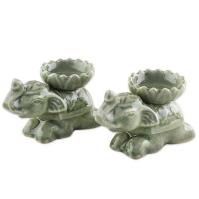 Alternate image for Green Ceramic Elephant Incense Holders Pair Polite Elephants