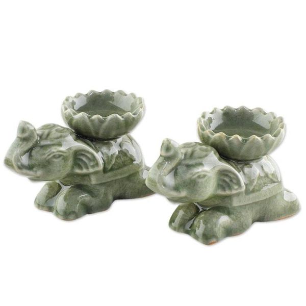 Alternate image for Green Ceramic Elephant Incense Holders Pair Polite Elephants