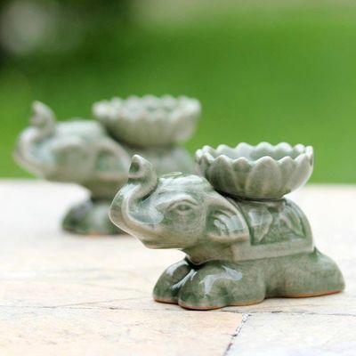 Alternate image for Green Ceramic Elephant Incense Holders Pair Polite Elephants