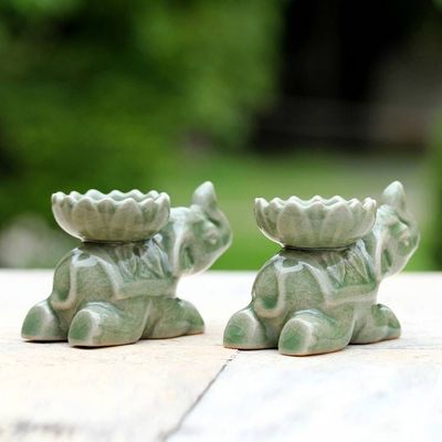 Alternate image for Green Ceramic Elephant Incense Holders Pair Polite Elephants
