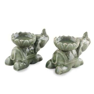Alternate image for Green Ceramic Elephant Incense Holders Pair Polite Elephants