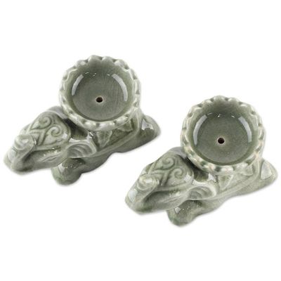 Alternate image for Green Ceramic Elephant Incense Holders Pair Polite Elephants
