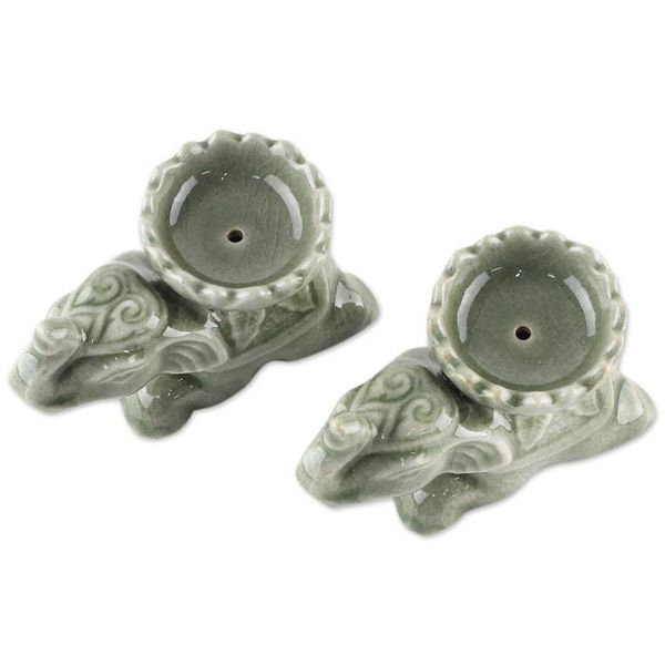 Alternate image for Green Ceramic Elephant Incense Holders Pair Polite Elephants