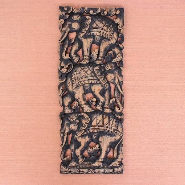 Alternate image for Elephants on Teakwood Wall Panel from Thailand Elephant Parade II