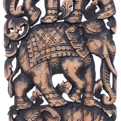 Alternate image for Elephants on Teakwood Wall Panel from Thailand Elephant Parade II