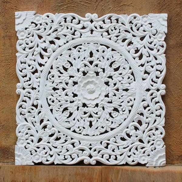 Alternate image for Hand-Carved Floral Acacia Wood Relief Panel from Thailand Tropical Flower